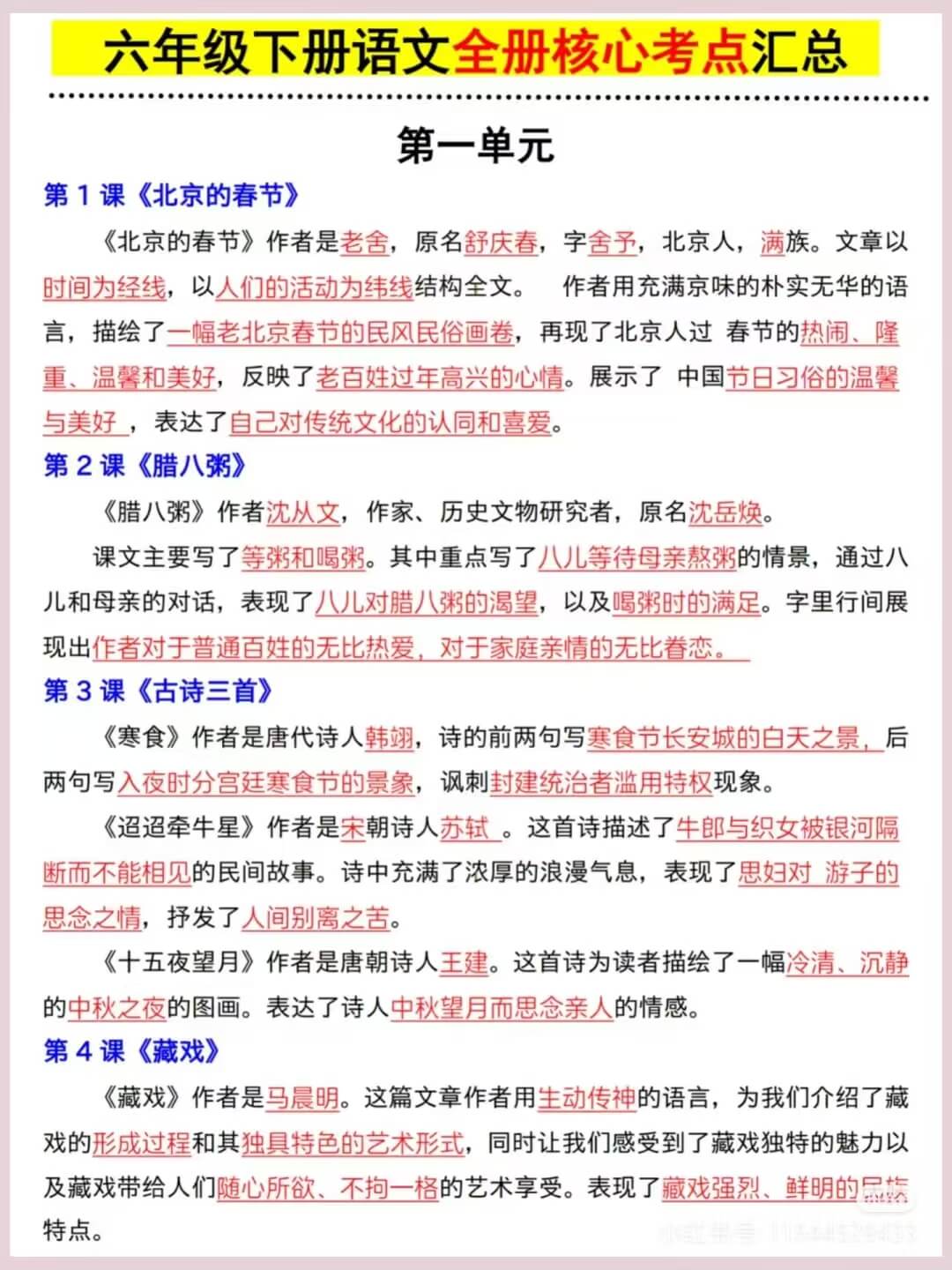 六年级下册语文全册核心考点汇总燃梦学堂-中小学电子版资料下载：课件/试卷/教案/知识点全覆盖燃梦学堂